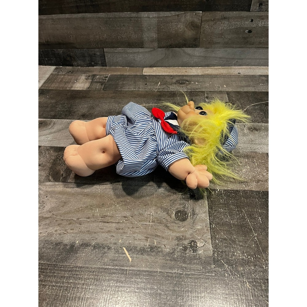 Vintage Large Plush Troll Doll Yellow Hair Sailor Outfit Blue White Striped 14in - Picture 6 of 7